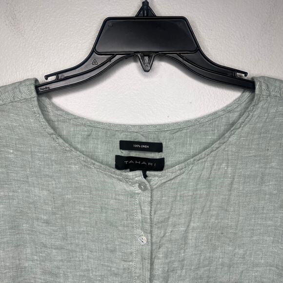 Tahari Women's 1X 100% Linen Tunic Top Sage Green Roll Tab Sleeve Lightweight - Picture 3 of 9